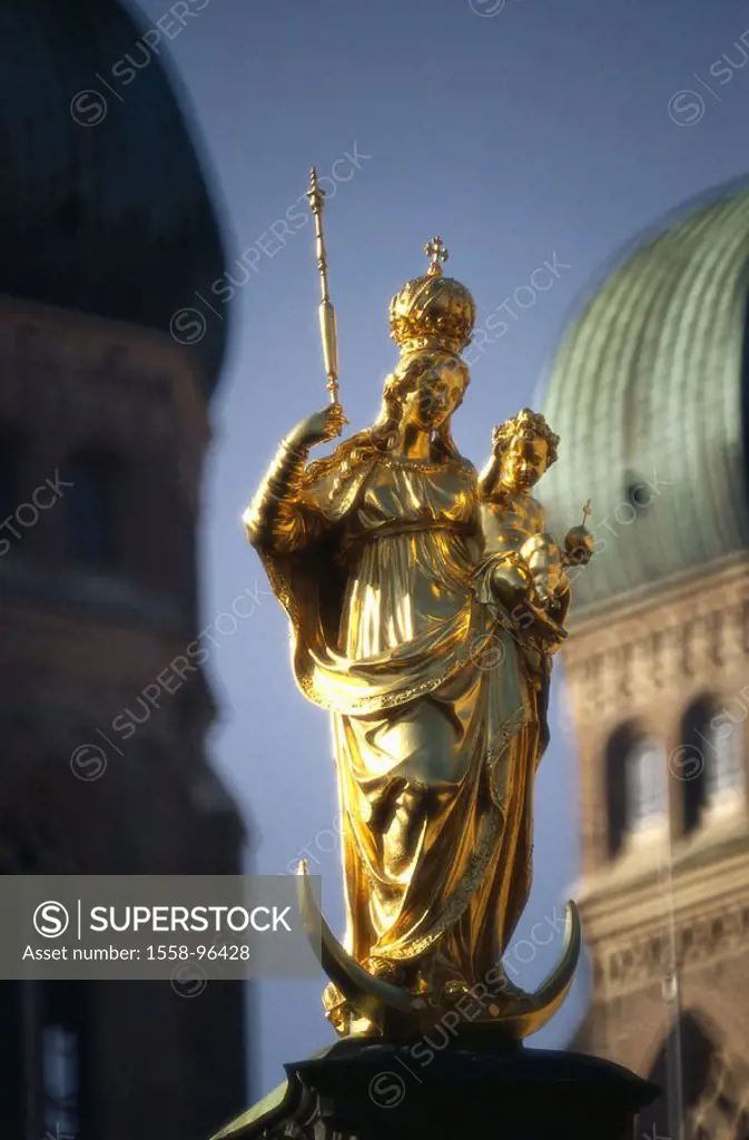 Germany, Upper Bavaria, Munich, Women church, detail, towers, Marie column,  Bavaria, cathedral to our dear wife, dearly women church, steeples, twin ...