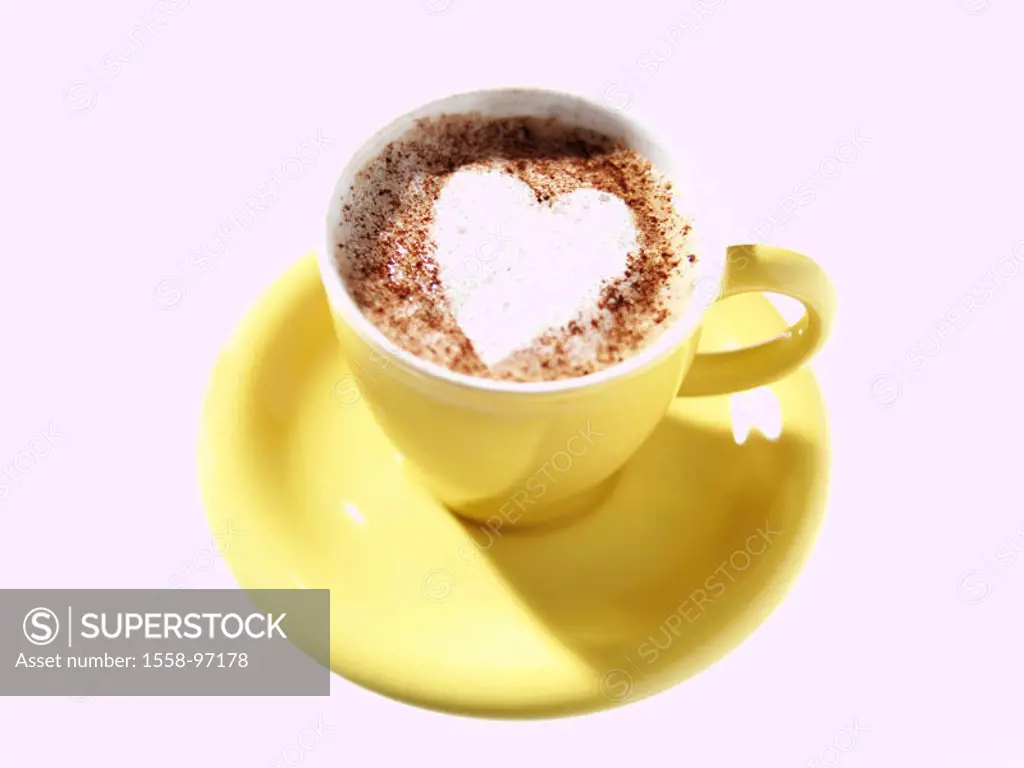 Cup cappuccino, Milchschaum,  ´Heart´,   Coffee cup yellow, cappuccino cup, beverage, coffee,  Stimulating milk coffee, hot beverage, luxury foods, ca...