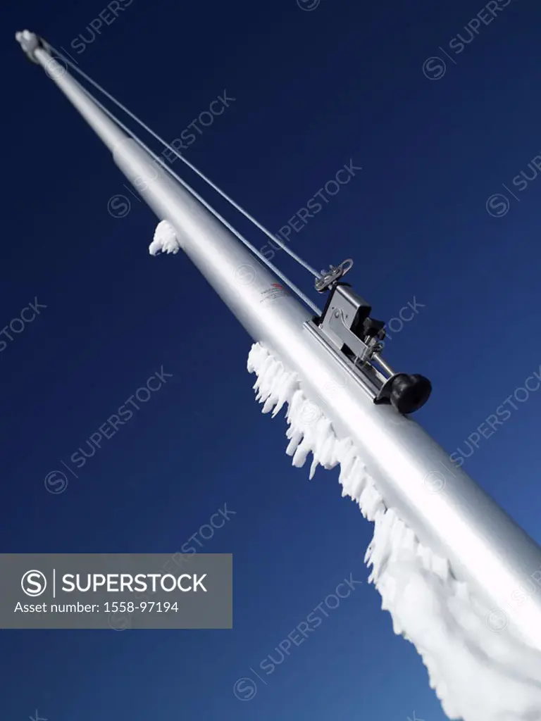 Flagpole, freezes over, detail, from below,    Mast, masts, ice crystals, ice, snowdrift, symbol, season, winters, cold, frost, deficit temperatures,