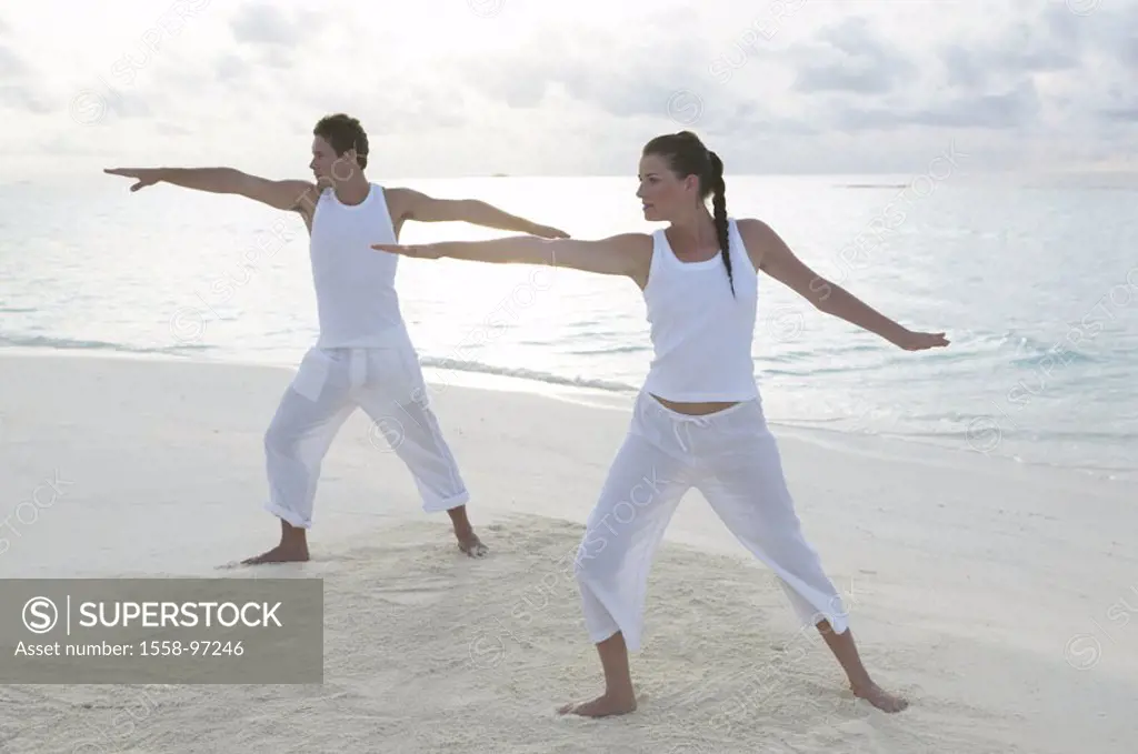 Beach, pair, leisurewear knows,  Yogaübung,   Series, 20-30 years, Partnerlook, sandy beach, meditation, concentration, movement meditation, posture, ...