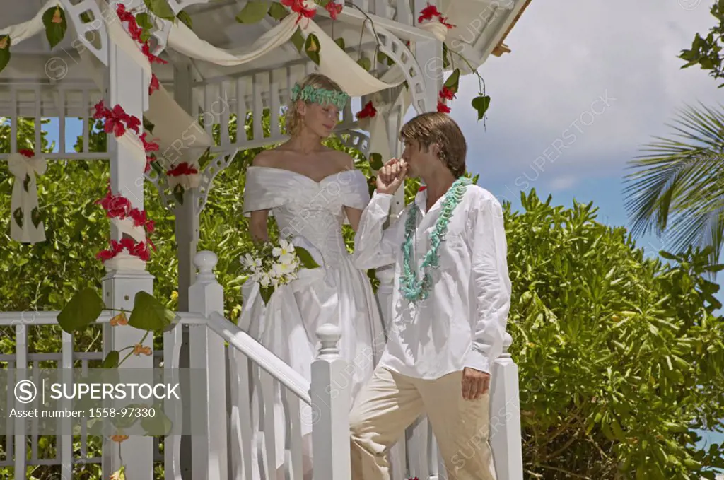 Seychelles, sandy beach, pavilion,  Wedding couple,   Series, beach, rotunda, couple, white fallen in love that love couple, bride, white bride dress,...