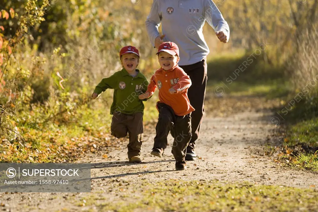 Forest path, father, children, twins,  Walk, running, cheerfully, autumn,   Series, man, boys, two, sign caps, truncated together, happily, freely, fu...
