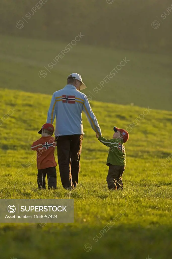 Meadow, father, children, twins,  Walk, view from behind, autumn,   Series, man, boys, two, sign caps, hand in hand, going, together, cheerfully, cohe...