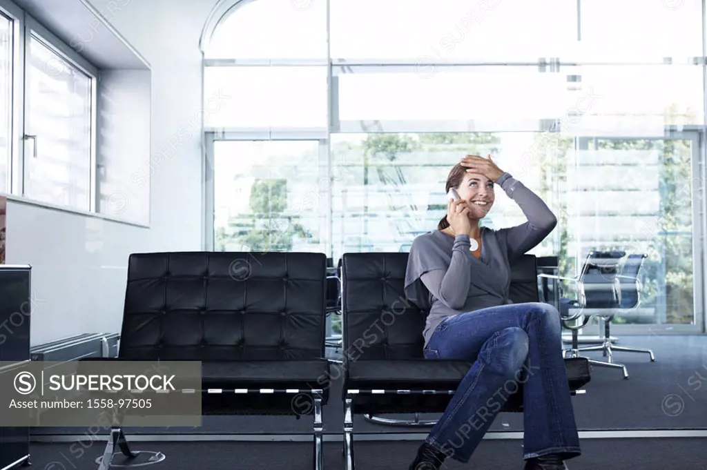 Office, leather chairs, businesswoman,  telephones, gesture, relief,   sitting series, woman, 20-30 years, employees, chairs, bench, cell phone teleco...