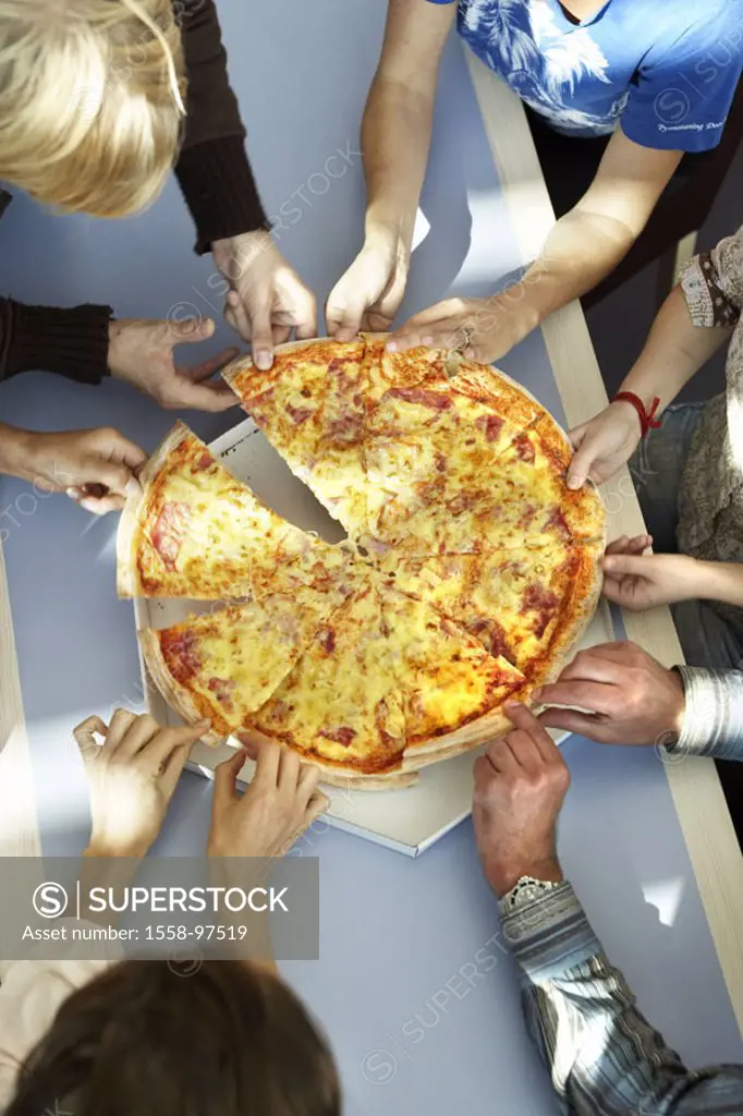 Table, giant pizza, people, detail,  Hands, pizza piece, take, from above,   Solidly, table, plates, pizza, family pizza, giant pizza, bragged, shared...