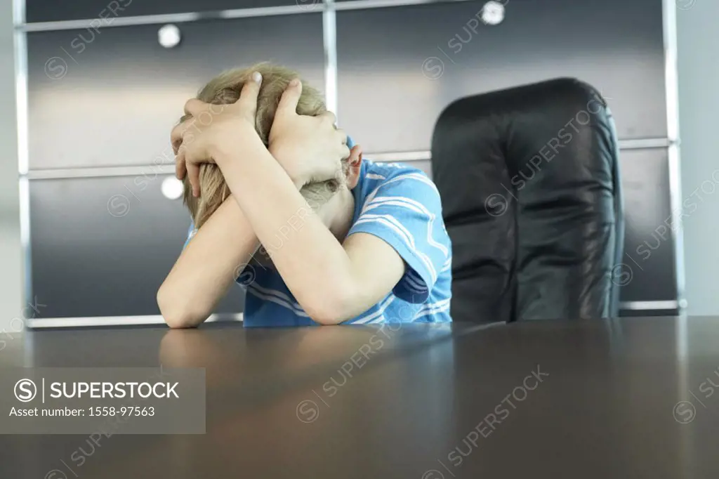 Sits office, boss chairs, child, boy,, waits, displeases, portrait,   Series, 6-9 years, blond, desk, rests, unfortunately, depresses, depresses, angr...