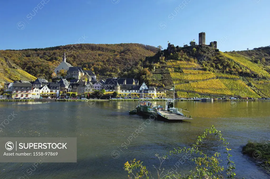 Germany, Rhineland-Palatinate, Mosalee, Hatchet stone, skyline, castle Metternich,  Autumn,  Mosalee valley, wine place, river, ship, ferry, ferryboat...