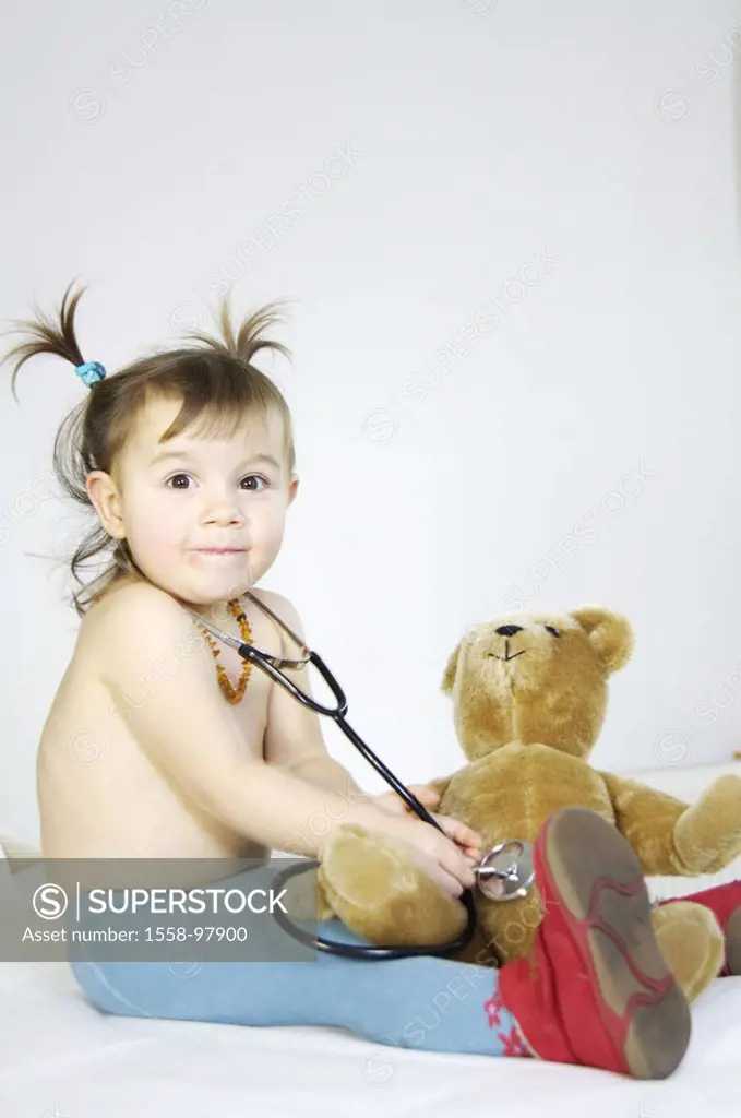 Girls, upper bodies freely, teddy, Stethoscope, listens to,   Series, child, 3-5 years, tights light-blue, slippers, necklace, material animal, plush ...