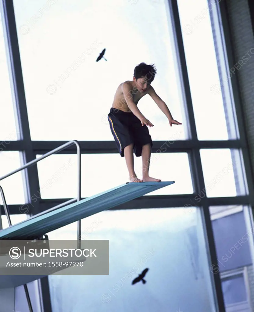 Swimming pool, springboard, boy, Concentration, from below,   Foyer bath, jump tower, child, 9-12 years, trunks, poor stretch out, preparation, water,...