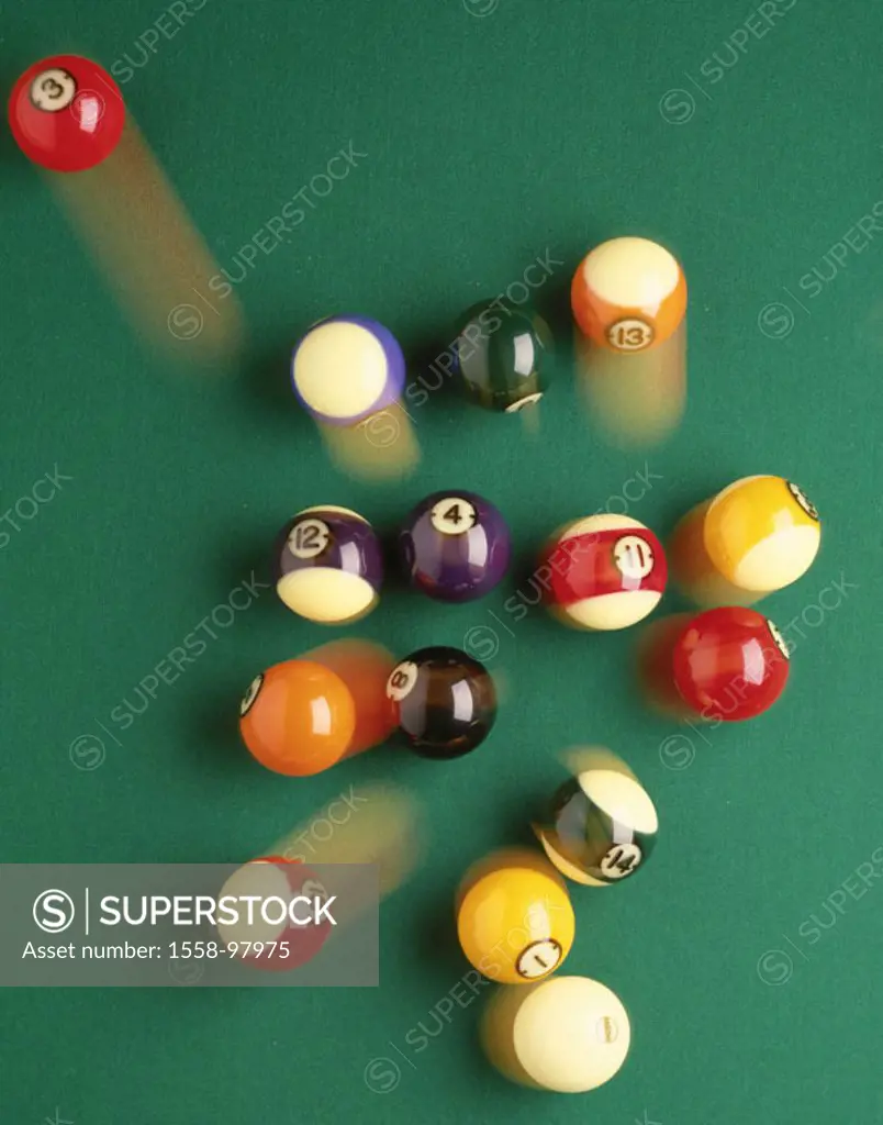 Billiard table, balls, movement,  Fuzziness, from above,   Billiard, pool billiard, billiard balls, colorfully, game beginning beginning beginning, im...