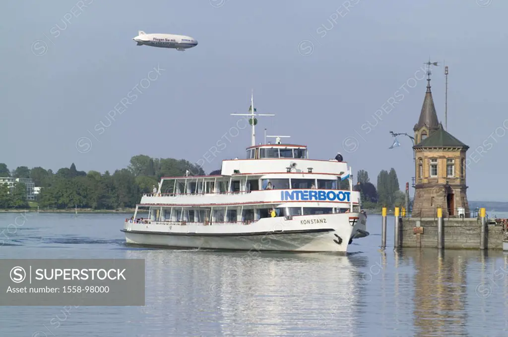 Germany, Baden-Württemberg,  Constance, Lake Constance, harbor entrance,  Tower, pleasure boat, heaven, Zeppelin,  Head Swabian baroque street, harbor...