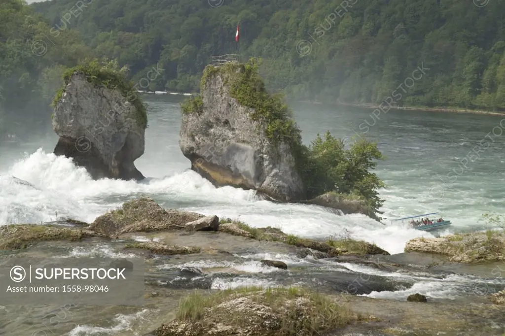 Switzerland, Schaffhausen, rheic case,  Rocks, trip boat, tourists,  summer,  River, Rhine, waterfall, boulders, boat, boat tour, attraction, sight, s...