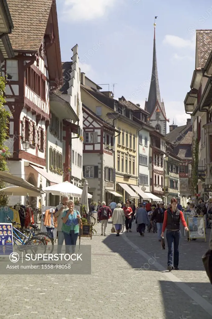 Switzerland, stone at the Rhine, Unterstadt, Pedestrian zone, passer-bys,   City center, old town, houses, timbered houses, steeple, street, shops, pe...