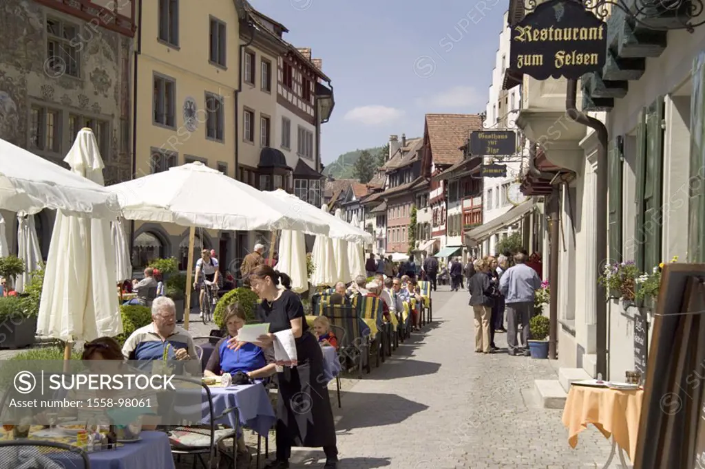 Switzerland, stone at the Rhine, Unterstadt, Pedestrian zone, street cafe, summer,   City center, old town, houses, residences, cafe, restaurant, gues...