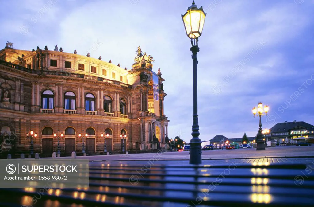 Germany, Saxony, Dresden,  Theater place, Semperoper, evening,   view at the city, old town, place, construction historically, Architect Gottfried Sem...