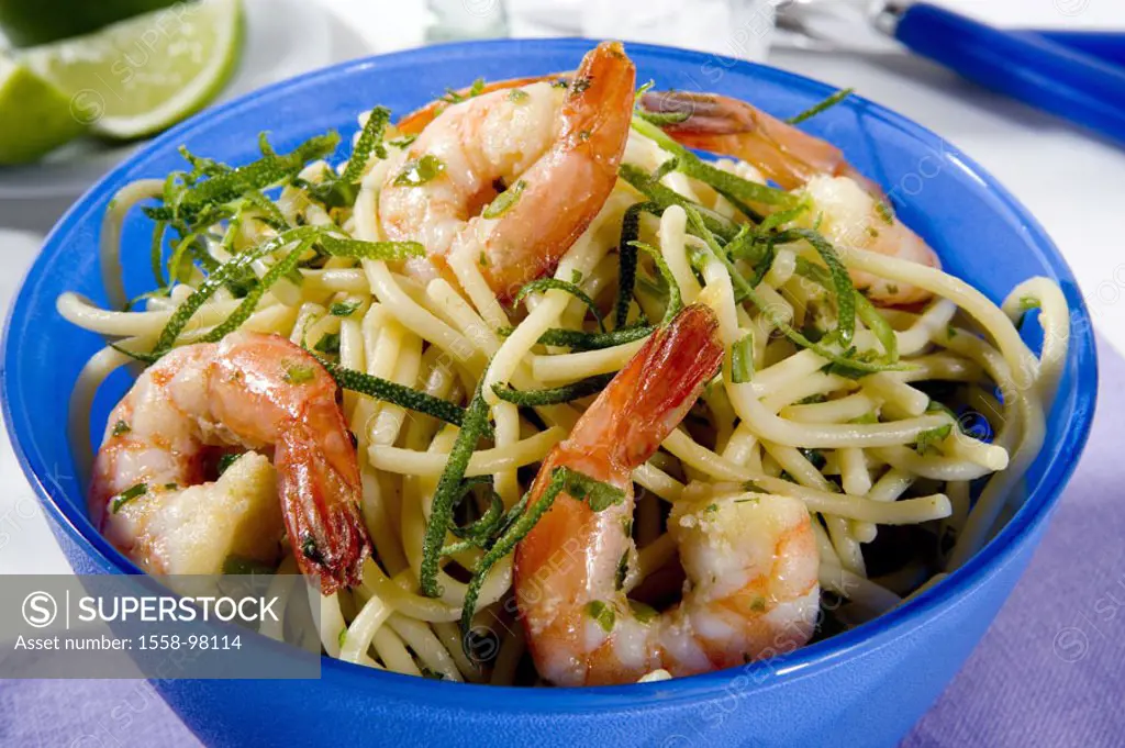 Plates, spaghetti, shrimps,  Limetten-Butter,   Portion, noodle court, pasta, noodles, noodle kind, pasta, shrimp tails, sea fruits, fish court, food,...