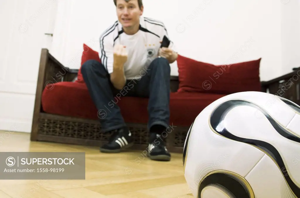 Sofa, man, jersey, football, television, Football transfer, gesture, spurs on,  truncated, no property release,  Series, man, football fan, football j...