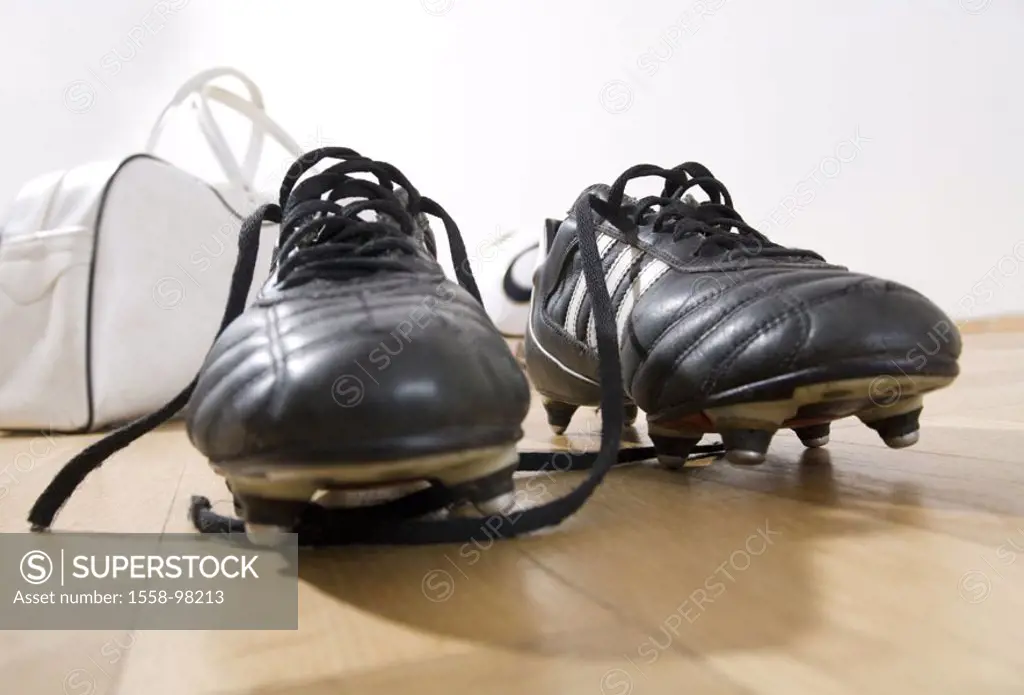 timber flooring, football shoes, Sporttasche, Football,  no property release,  Series, floor, parquet floor, football clothing, bag, ball, leather bal...