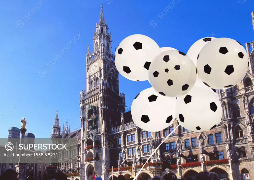 Germany, Upper Bavaria, Munich,  Marie place, new town hall, balloons ´football design´,  Pedestrian zone, town hall buildings, glockenspiel, style, n...