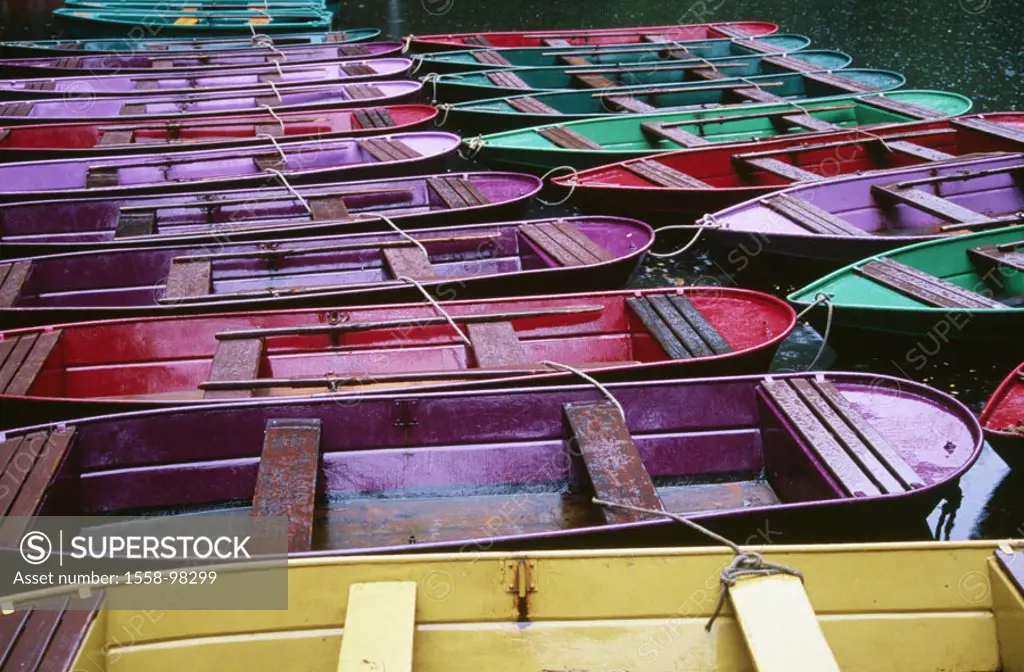 Sea, Bootsverleich, rowboats, colored,  Rainy weather,  Germany, Saxony, rowboat distribution, boats, barges, colorfully, side by side, tied up, toget...