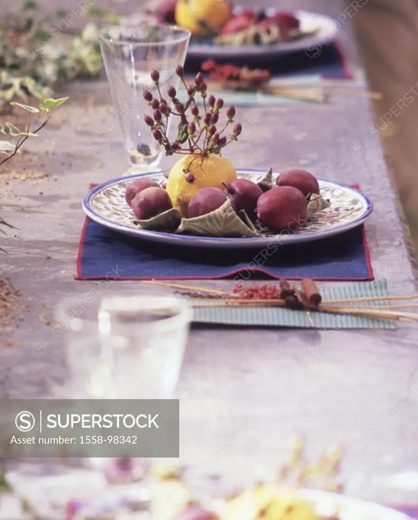 Garden, table, place settings, fruits,   Garden table, covered, decoration, Tischdeko, plants, ivy, plates, glasses, fruit, country house style, roman...