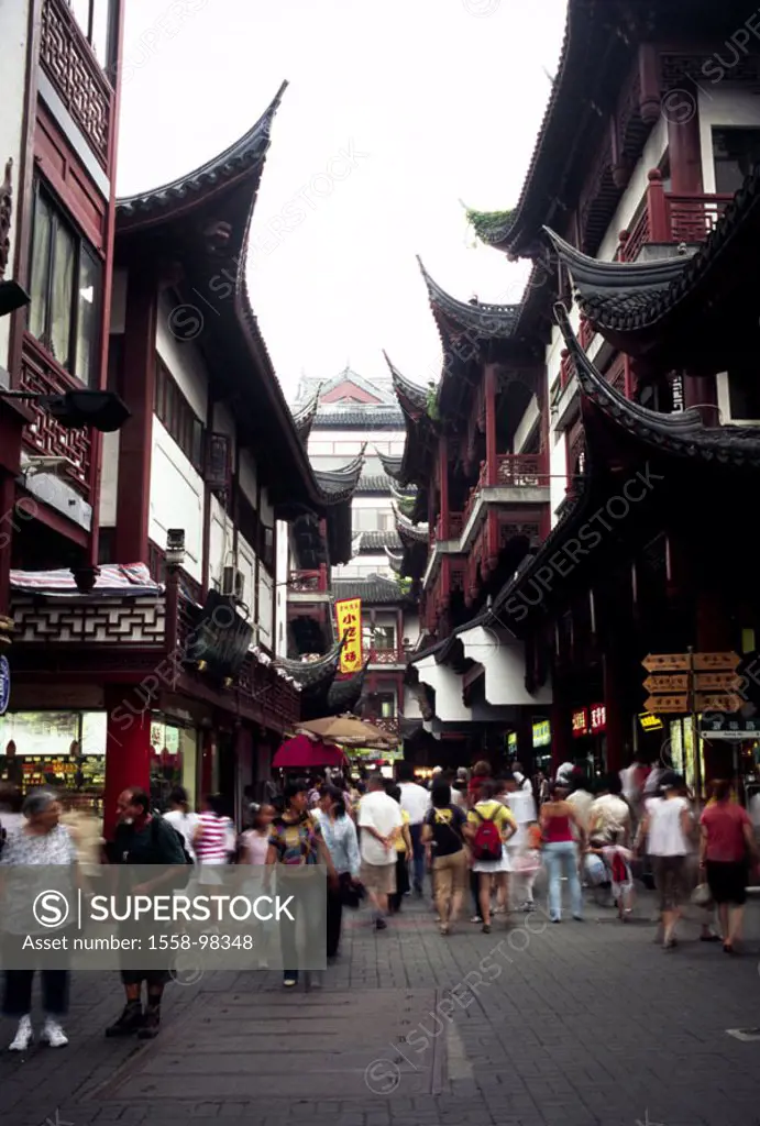 China, Shanghai, Yuyuan guards  Bazaar, pedestrian zone, passer-bys,   Asia, Eastern Asia, buildings, houses, pagoda style, architecture, ´Old Cathay ...