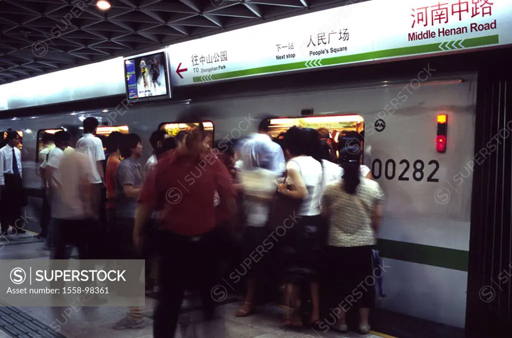 China, Shanghai, stop, subway, Passengers, gets on, gets out, , Asia, Eastern Asia, U-Bahnhaltestelle, U-Bahnstation, train, track, people, occupation...