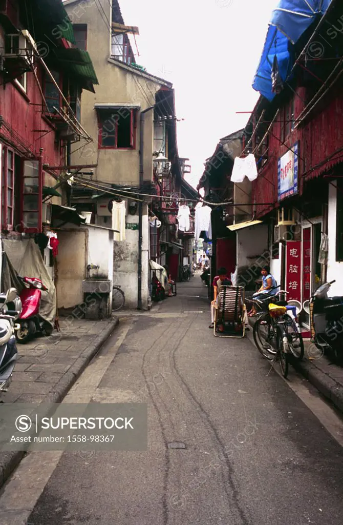 China, Shanghai, old town, alley,    Asia, Eastern Asia, houses, residences, street, roadside, driving wheels, mopeds, women, chairs, conversation, si...