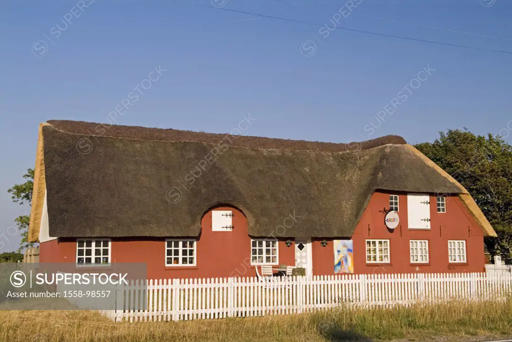 Denmark, island Romo, Lakolk,  Residence, Reetdach,   Römö, house, vacation house, buildings, facade orange, house roof, Reet, style regional-typicall...