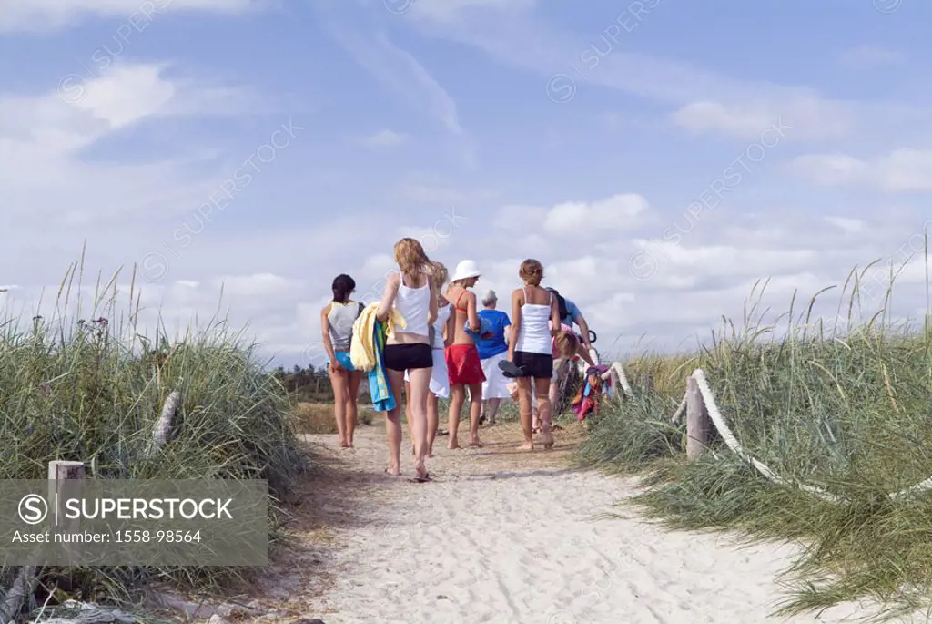 Denmark, island Romo, dunes, Sand way, swimmers, view from behind, , Römö, Rømø, grasses, beach, sand, tourists, going, movement, symbol, recuperation...