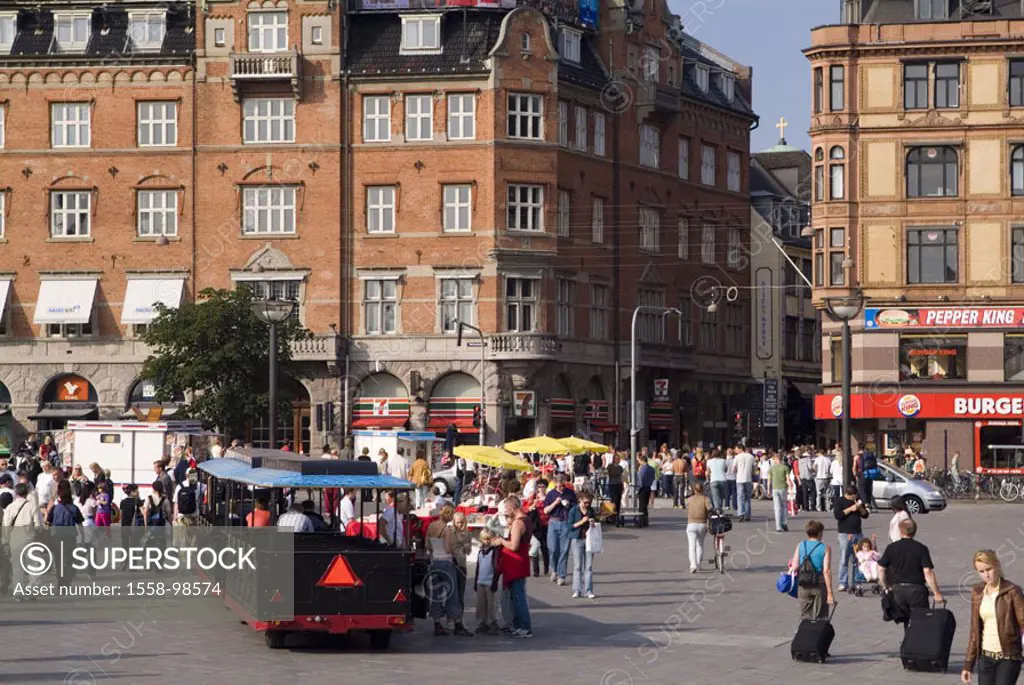 Denmark, Copenhagen, town hall place, Tourist train, tourists,   Capital, place, pedestrians, passer-bys, track, ´Tschu-Tschu-Bahn´, passenger transpo...