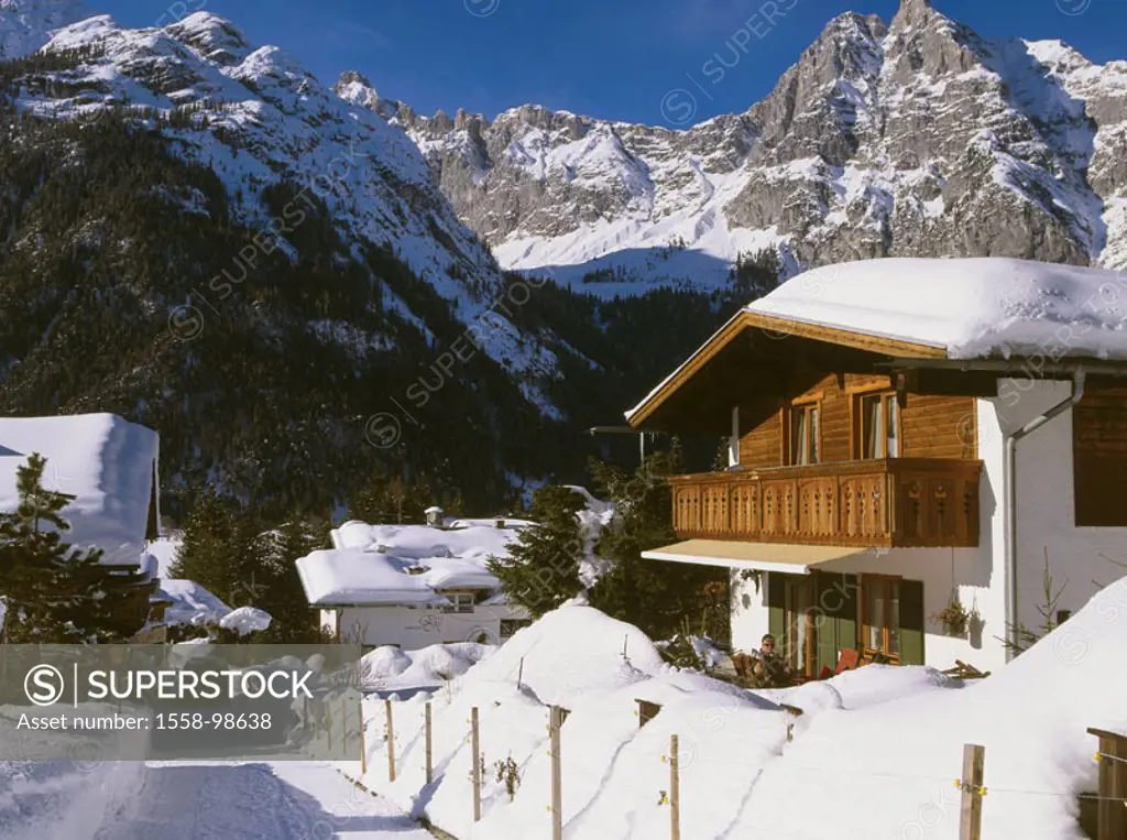 Austria, Tyrol, Leutasch, mountains,  Residences, winters,   North Tyrol, mountain region, alpine region, tourist center, houses, roofs, snow-covered,...
