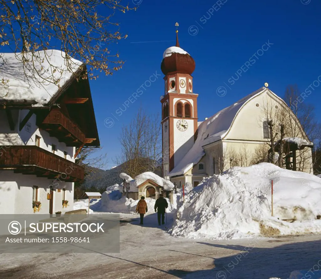 Austria, Tyrol, Leutasch,  Farmhouse, church, street,  Passer-bys, winters,  North Tyrol, mountain region, alpine region, tourist center, house, resid...