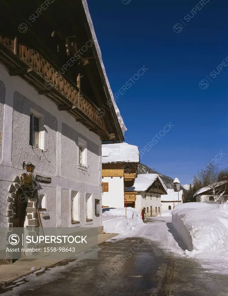 Austria, Tyrol, Leutasch,  Residences, street, winters,   North Tyrol, mountain region, alpine region, tourist center, houses, house facades, vacation...