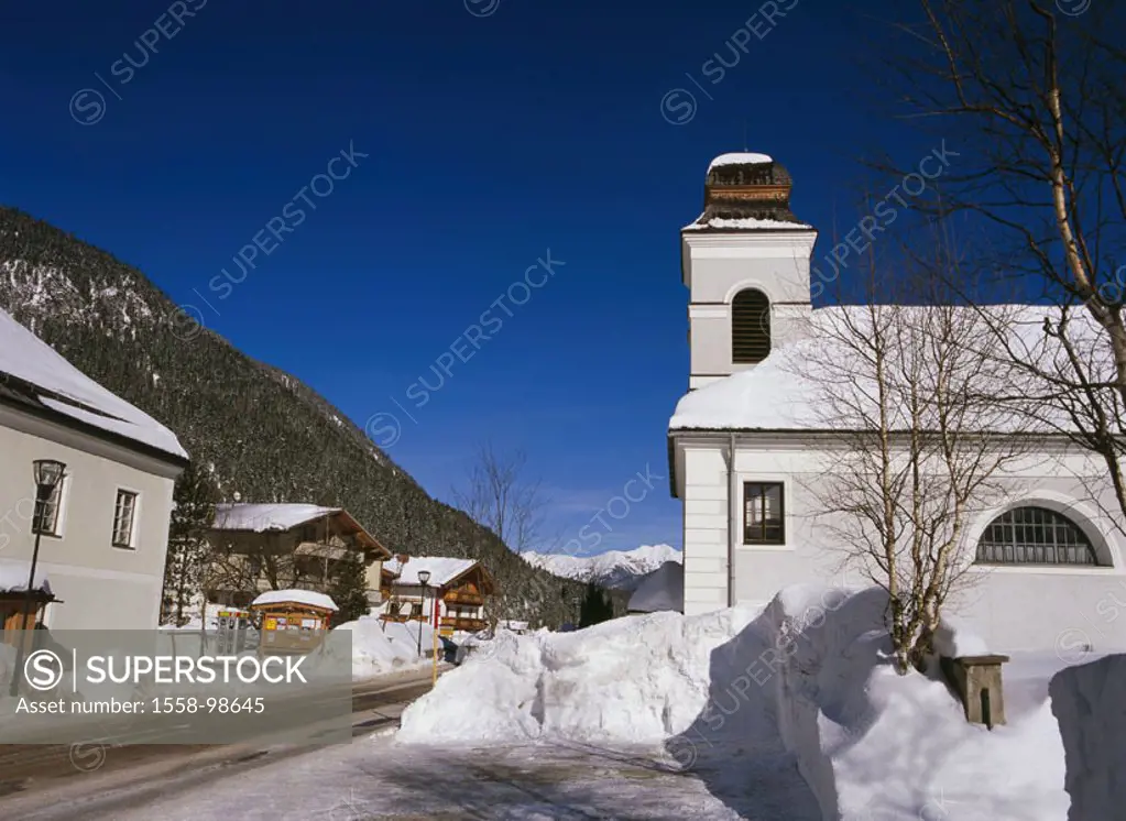 Austria, Tyrol, Leutasch, street,  Houses, church, winters,   North Tyrol, mountain region, alpine region, tourist center, residences, buildings, seas...