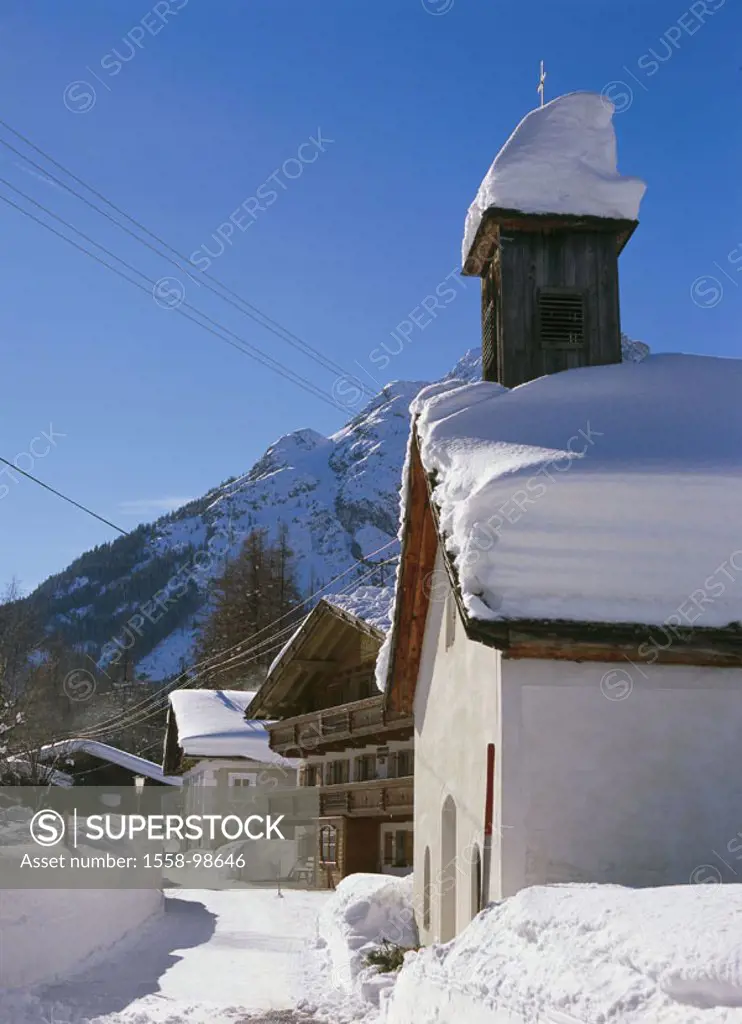 Austria, Tyrol, Leutasch, street,  Houses, chapel, winters,   North Tyrol, mountain region, alpine region, tourist center, residences, farmhouse, buil...