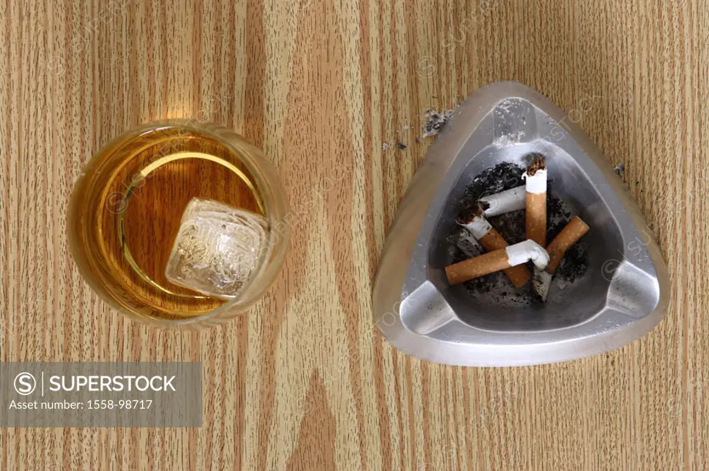 Wood table, ashtrays,  Cigarette butts, Cognacschwenker,  from above,  Series, table, wood surface, Ascher, filter cigarettes, butts, brandy glass, Co...