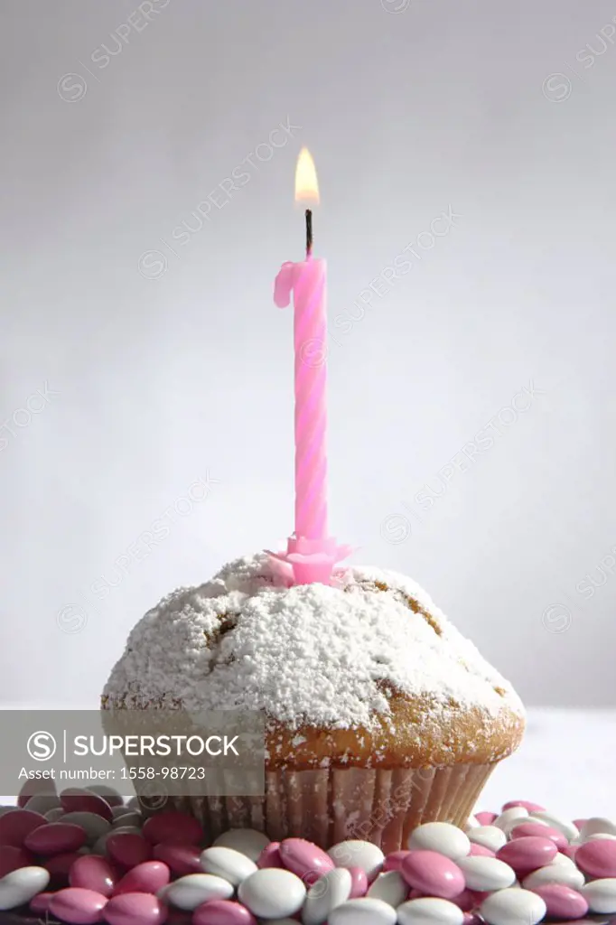 Schokolinsen, pink, white, muffin,  Birthday candle, burning,   Series, candies, pastries, pastries, cakes, tarts, candle, candlelight, symbol, birthd...