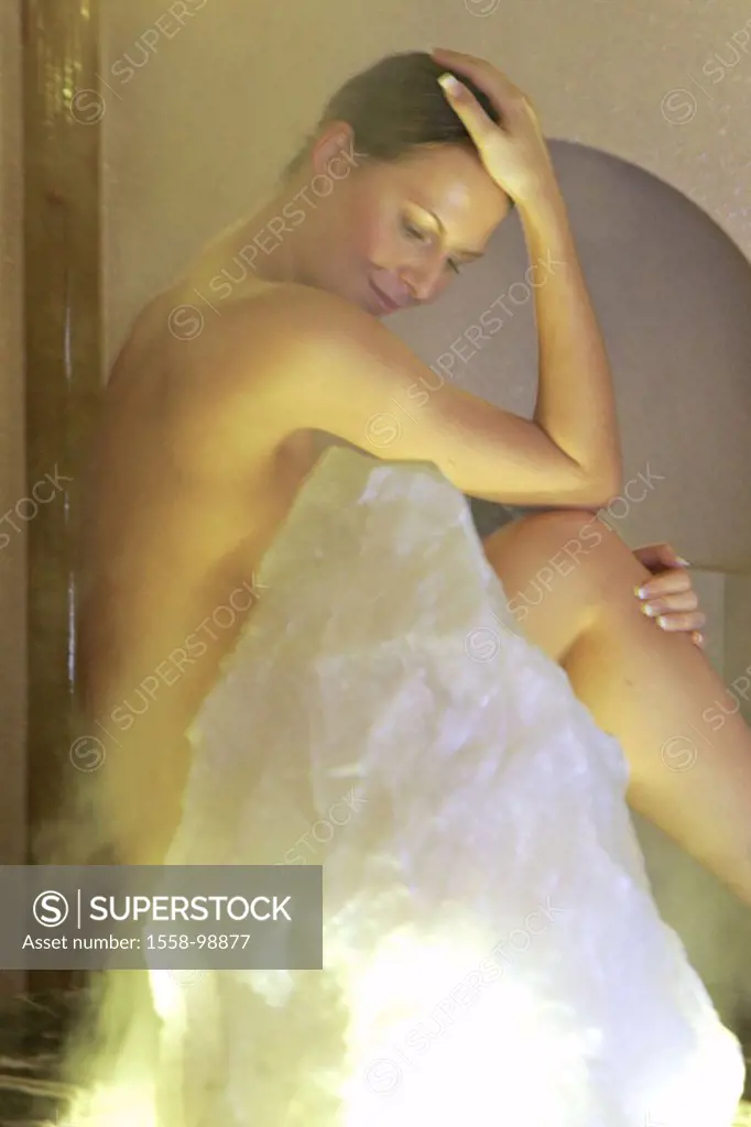 Woman, naked, vapor bath, sitting,  on the side, crystal,   Series, 20-30 years, gaze, steam sauna, lowered health, recuperation relaxation heat steam...