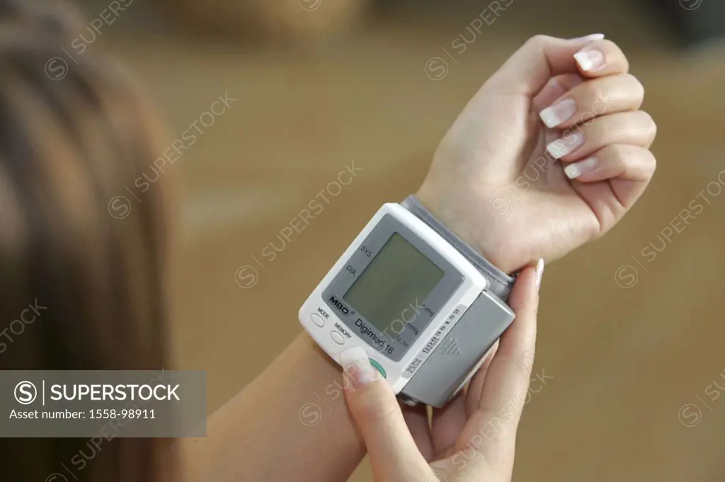 Woman, detail, wrist, Blood pressure measuring instrument, digital,  Blood pressure measurement, blood pressure fairs, blood pressure, pulse, pulse be...