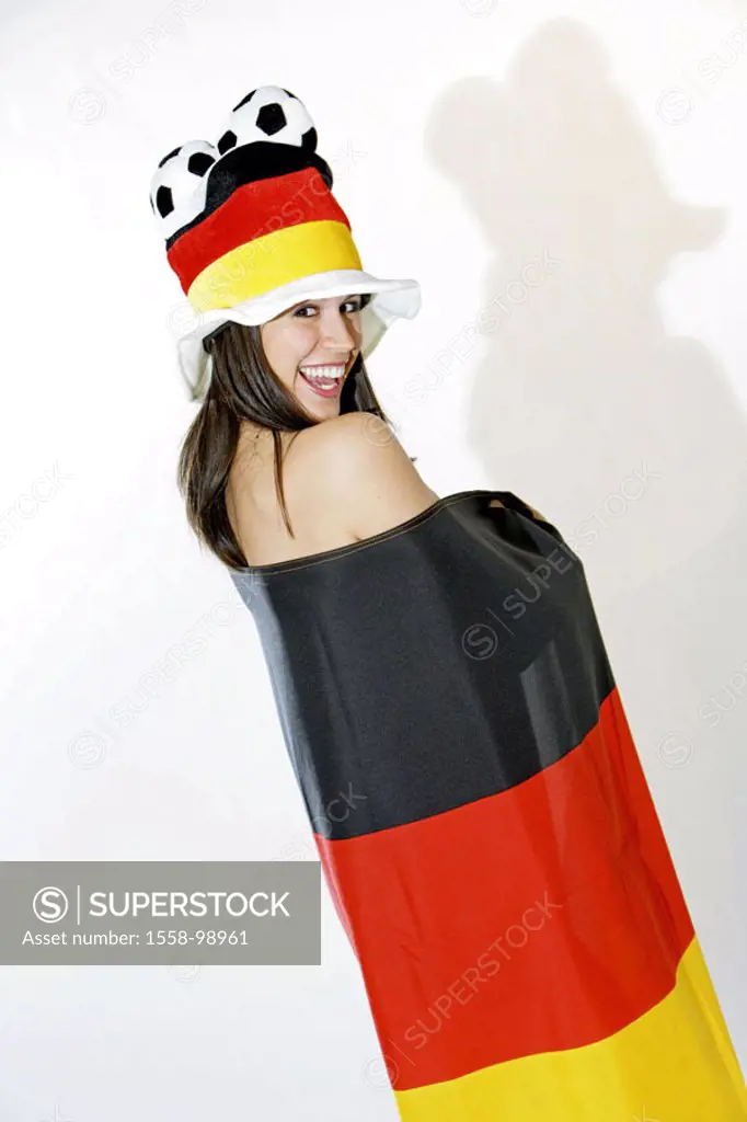 Woman, young, football fan, fan articles,  Germany flag, enveloped,  view from behind,  Series, 20-30 years, long-haired, brunette, youth, cheerfully,...