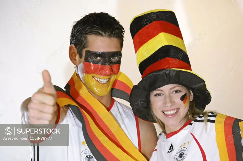 couple, young, football fans, fan articles smile,  Face painting, national colors,  Germany, portrait, no property release,  20-30 years, friends, fri...