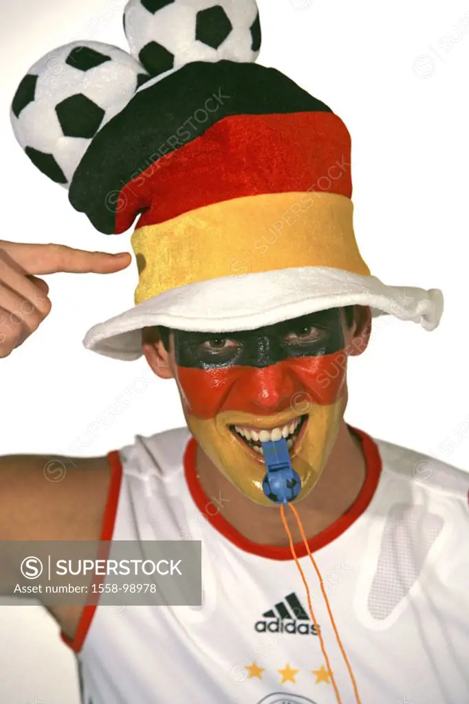 Man, young, football fan, face painting,  Hat, national colors, Germany,  Whistle, portrait, no property release,  20-30 years, joy, enthusiasm, enthu...