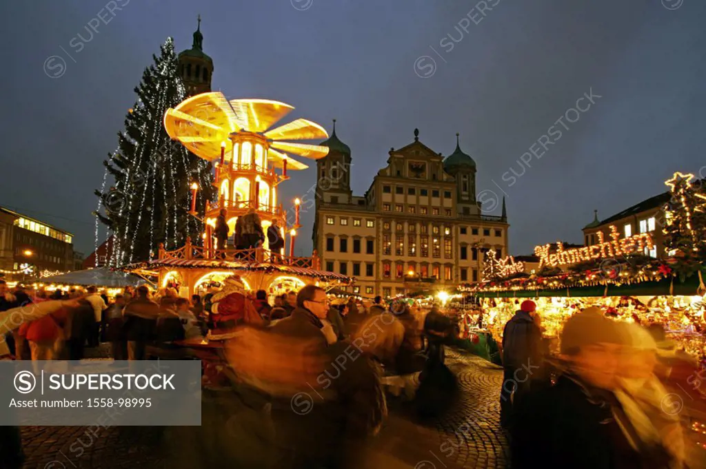 Germany, Bavaria, Augsburg,  Town hall place, Christmas market,  Christmas pyramid, illumination, evening,  Sight, town hall, Advent season, Christmas...