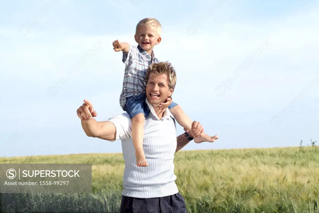 Field landscape, father, son, shoulders, carries, happy,   Series, grain field, man, child, boy, family, walk, gesture, mutuality, shows happily, free...