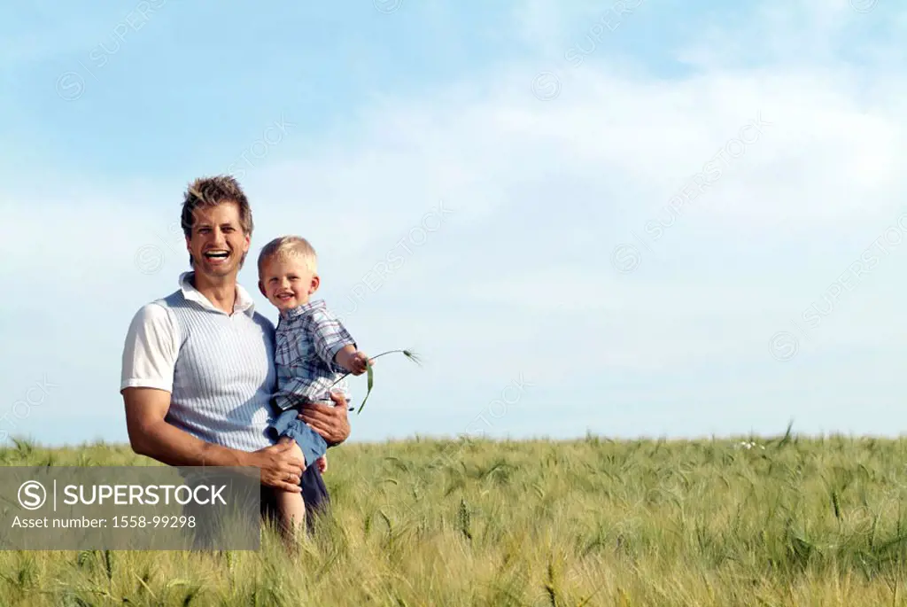 Field landscape, father, son, carries,  happy,   Series, grain field, man, child, boy, family, walk, mutuality, happily, freely, laughing, leisure tim...