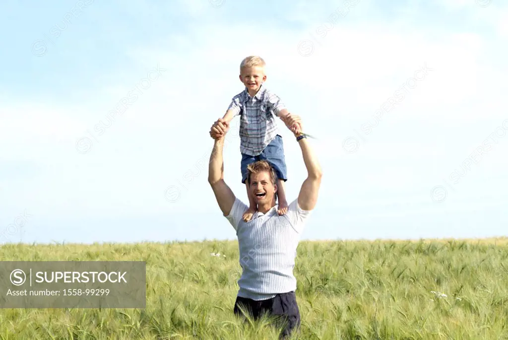 Field landscape, father, son, shoulders, carries, cheerfully, omitted,   Series, grain field, man, child, boy, family, walk, mutuality, happily, freel...