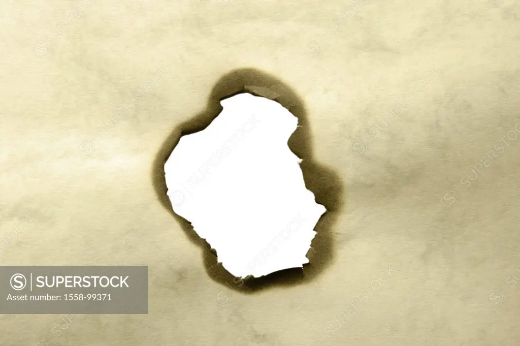 Paper, Brandloch,    Hand-made paper, broken, burn, hole, outlines, destroyed  burned, chars, symbol, opening, view, idea, leads, text space, fact rec...