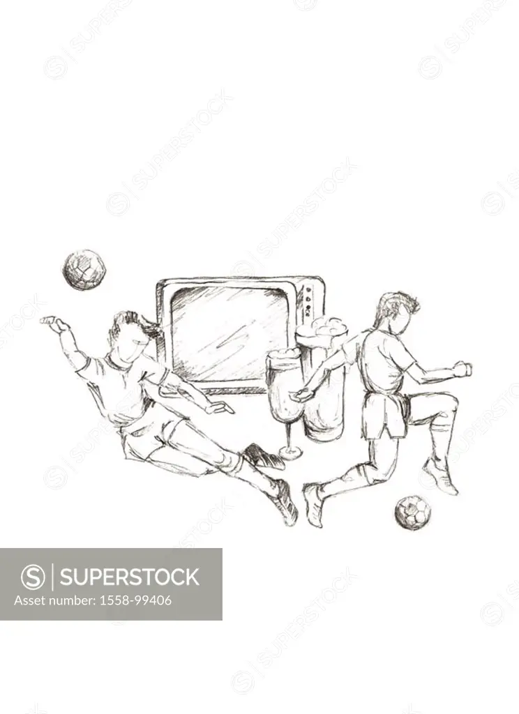 Illustration, soccer players, TVs, Beverage, s/w, symbol, football transfer,   Pencil drawing, drawing, television, sport program, transfer, live, foo...