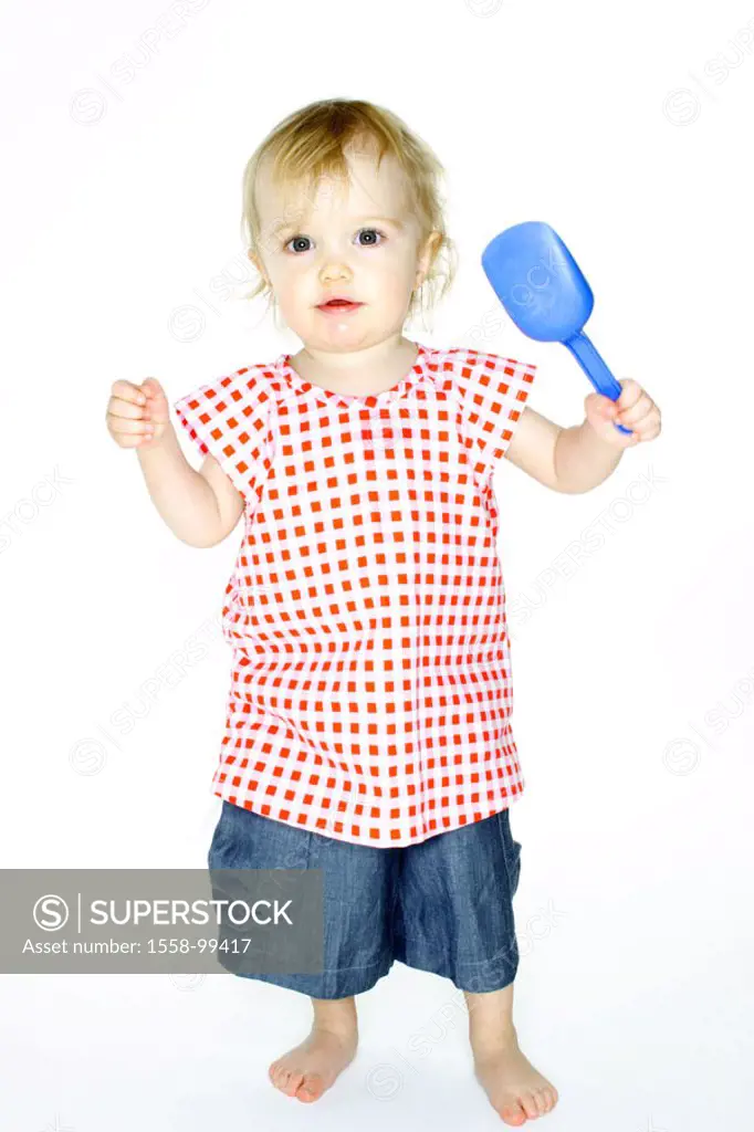 Toddler, toy, standing,   Child, small, baby, girls, 1-3 years, blond, nakedfoot, blouse checkered, cheerfully, cutely, playing, Gehversuche, first st...
